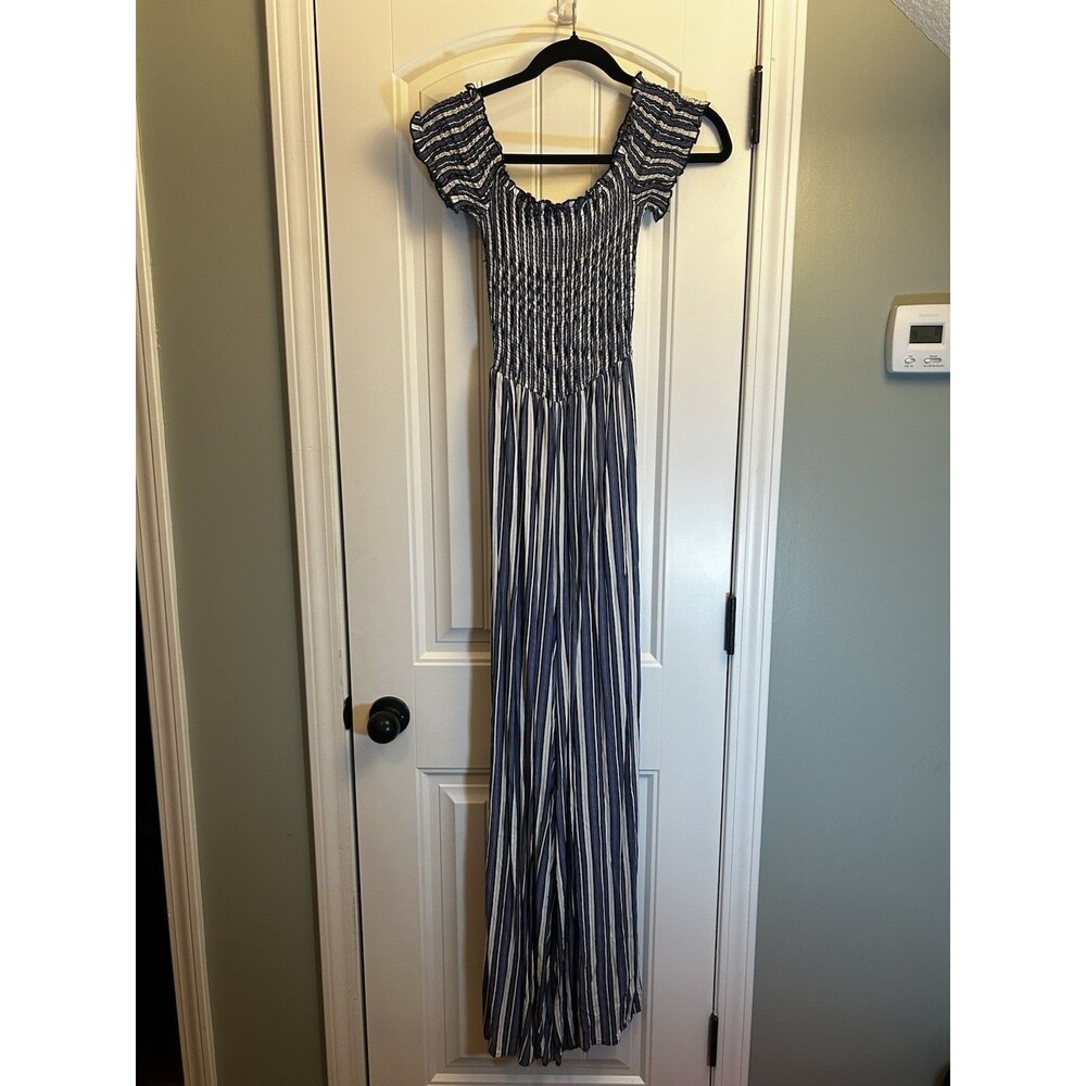 For Justify XL Blue White Stripe Smocked Wide Leg Off Shoulder Jumpsuit Romper - Picture 12 of 13